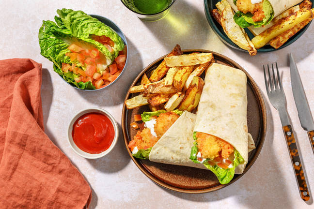 Amerikansk wrap på panerade räkor