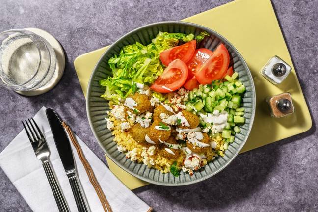Falafel- og bulgur-Middelhavsbowl