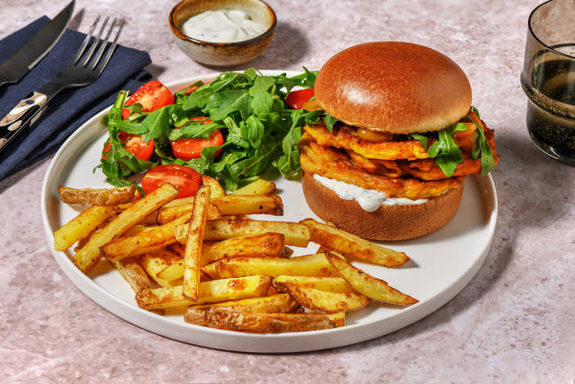 Onion Bhaji Fritter Burger and Chips