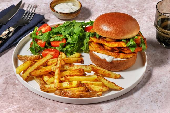 Onion Bhaji Fritter Burger and Chips