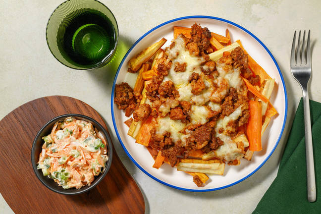 BBQ Sriracha Mince and Rainbow Veg Fries