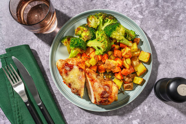 Cheesy Tomato Chicken & Herby Root Veg