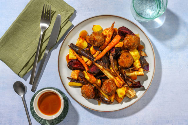 One Tray Venison-Beef Meatballs & Roast Veg