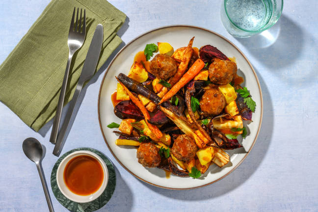 One Tray Venison-Beef Meatballs & Roast Veg