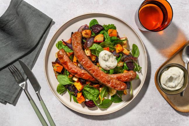 Herby Pork Sausages & Roast Veggie Toss