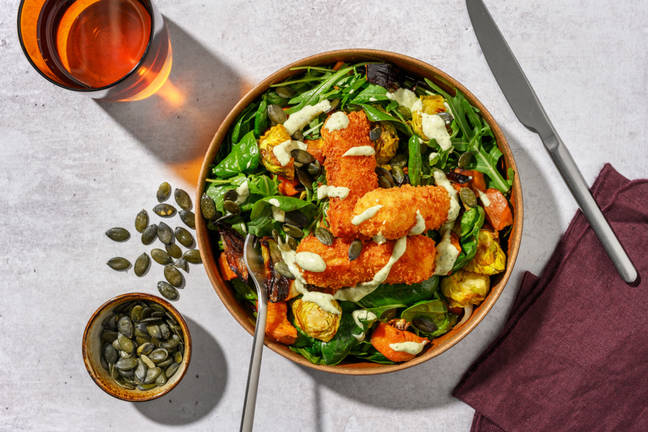 Crumbed Haloumi & Brussels Sprout Toss