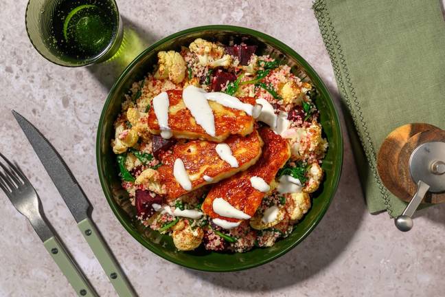 Pomegranate-Glazed Halloumi & Veg Couscous