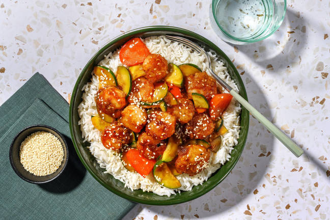 Glazed Sesame-Honey Prawns & Garlic Veg