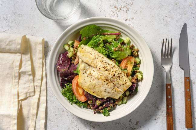 Lemon-Pepper White Fish & Pesto Lentil Salad