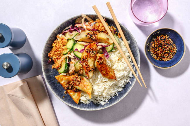 Crispy Veggie Gyoza Rice Bowl