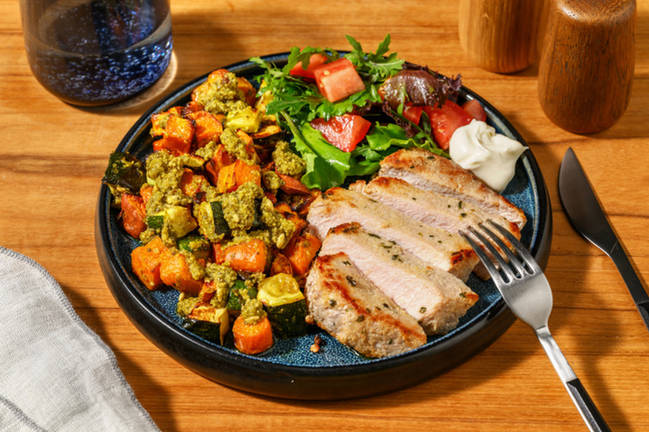 Garlic-Herb Pork Steak & Pesto Veggies