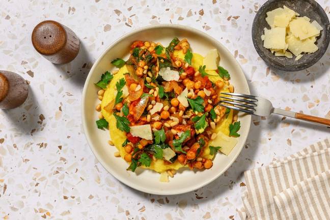 Saucy Pesto Chickpea & Creamy Polenta Bowl