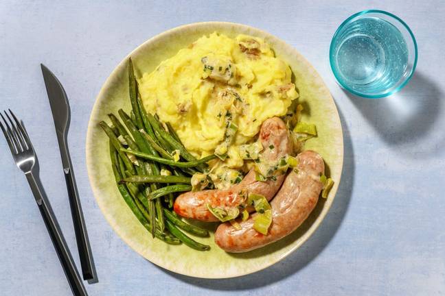Bangers, Mash and Leek & Chive Sauce