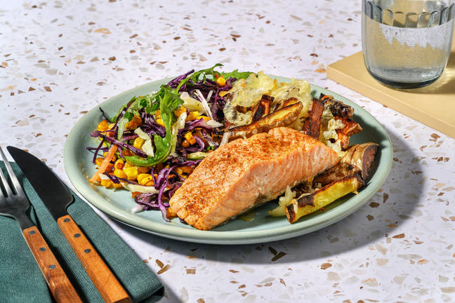 Peri Peri Spiced Salmon and Cheesy Chips