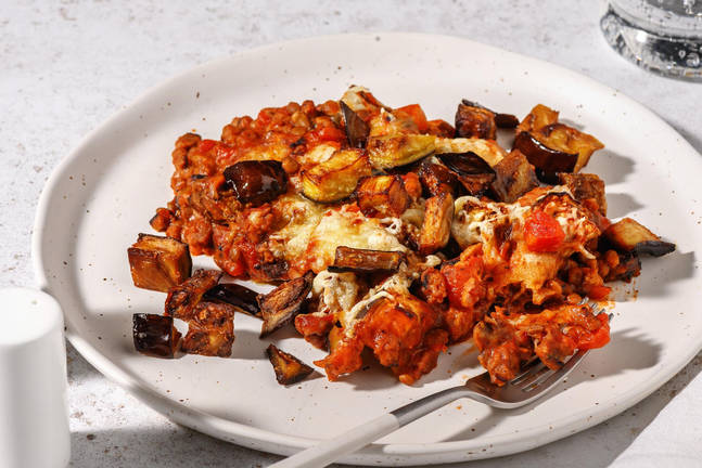 Cheesy Lentil Bake with Veggie Mince & Eggplant