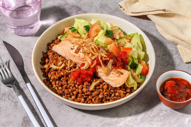 Peri Peri Lentil and Poached Salmon Salad