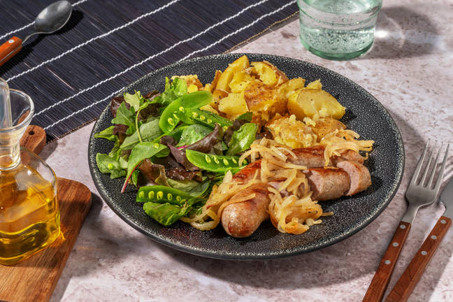 Pork Sausages & Garlic-Crushed Potatoes