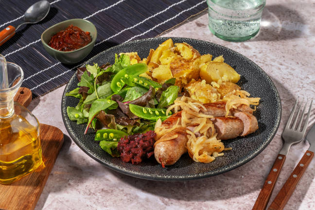 Pork Sausages & Garlic-Crushed Potatoes