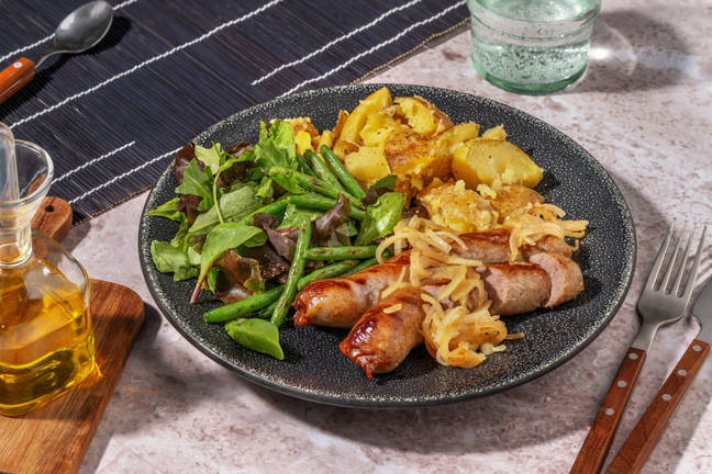 Pork Sausages & Garlic-Crushed Potatoes