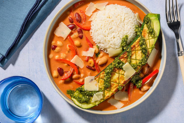 Courgette en croisillons et mijoté crémeux aux haricots