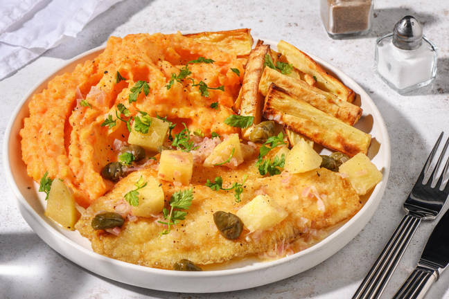 Pannstekt sej i äppel- och kaprissås