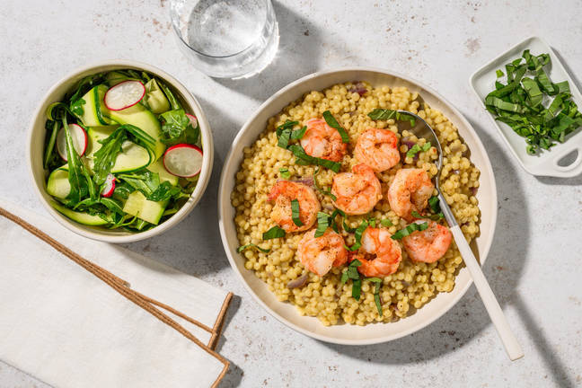 Byggotto og hvitløksstekte reker