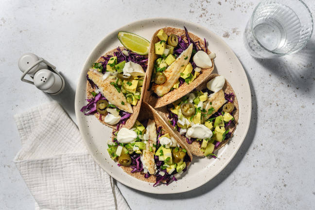 Fish Tacos with Avocado-Kiwi Salsa & Sour Cream