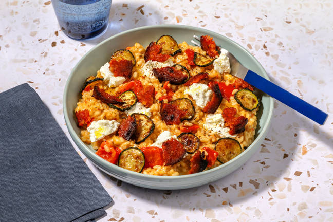 Crispy Chorizo Topped Oven-Baked Tomato Risotto
