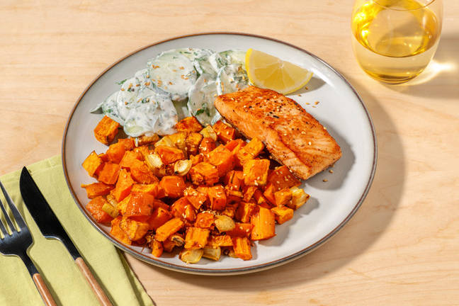 Fried Salmon and Roast Root Veg