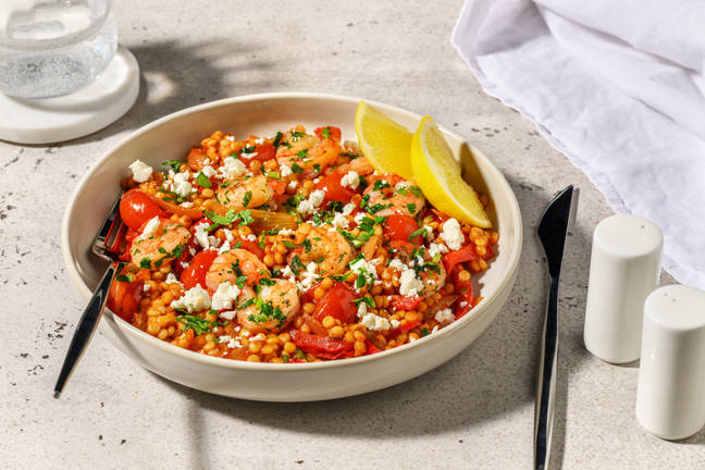 Garnalen met parelcouscous in cherrytomatensaus