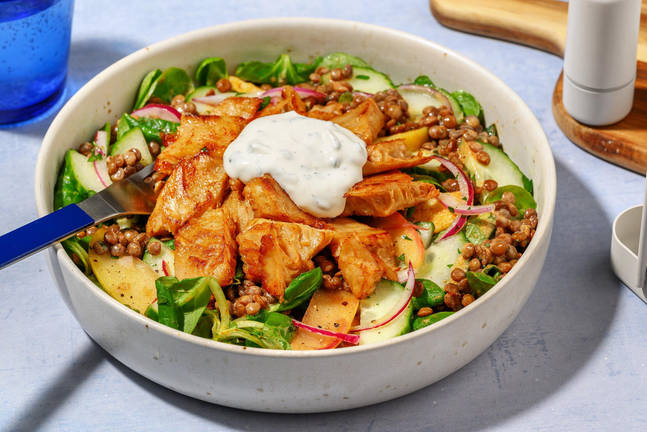 Bunter Linsensalat mit veganem Chick-Eria Filet