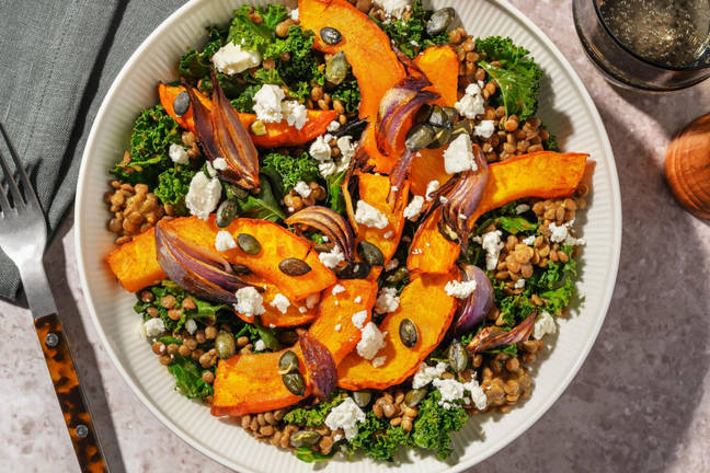 Kürbissalat mit Babygrünkohl und Linsen