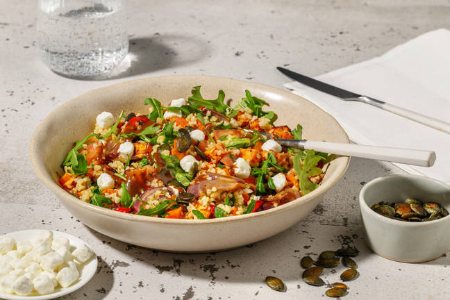 Roasted Vegetable Bulgur with Honeyed Goat's Cheese Pearls