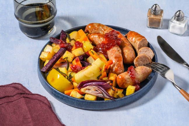 Sausage,  Apple and Onion Traybake