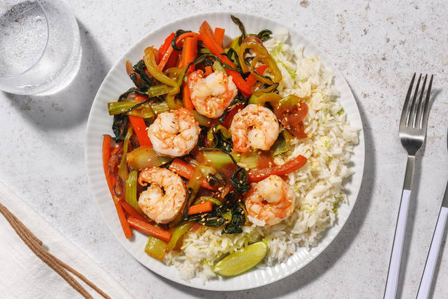 Riesencrevetten mit Sesam und Teriyakigemüse