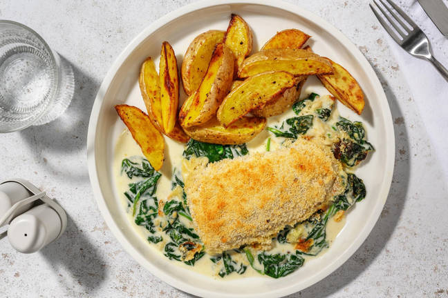 Seehecht in Spinat-Rahm-Sauce aus dem Ofen