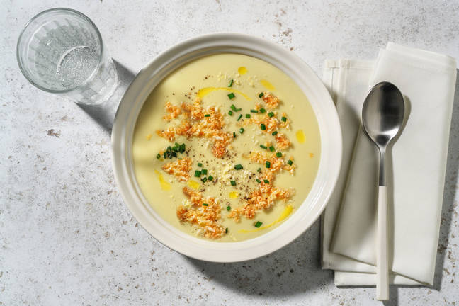 Crema de espárragos blancos con panko al membrillo