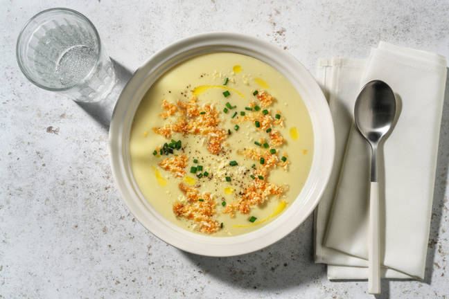 Crema de espárragos blancos con panko al membrillo