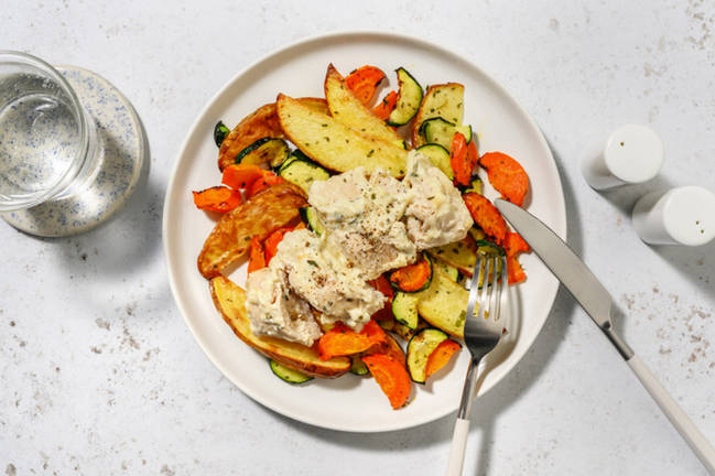 Pollo en papillote relleno de quesos a la mediterránea
