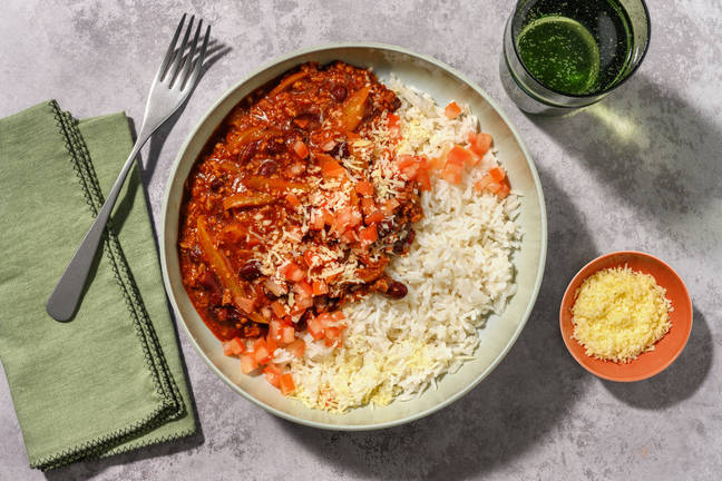 Spicy Meat-Free Mince Chipotle Chilli Rice Bowl