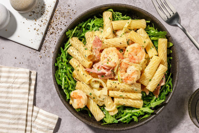 Rigatoni terre-mer : crevettes & jambon sec