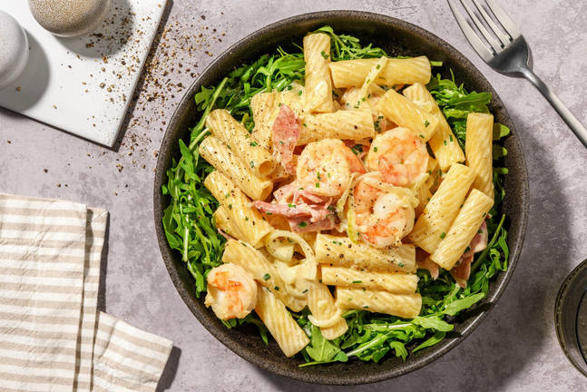 Rigatoni terre-mer : crevettes & jambon sec