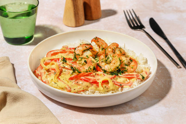 Crevettes en persillade & poivrons dorés