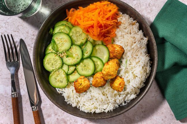 Buddha bowl de boulettes veggie, gomasio & riz