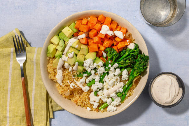 Harissa Sweet Potato and Avocado Bulgur Bowl