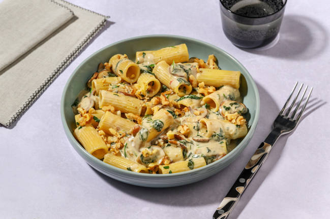 Rigatoni sauce au bleu, épinards & champignons