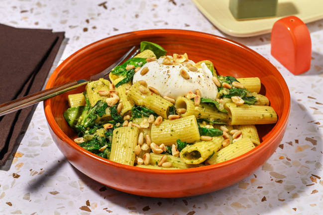 Rigatoni pesto verde, épinards & burrata