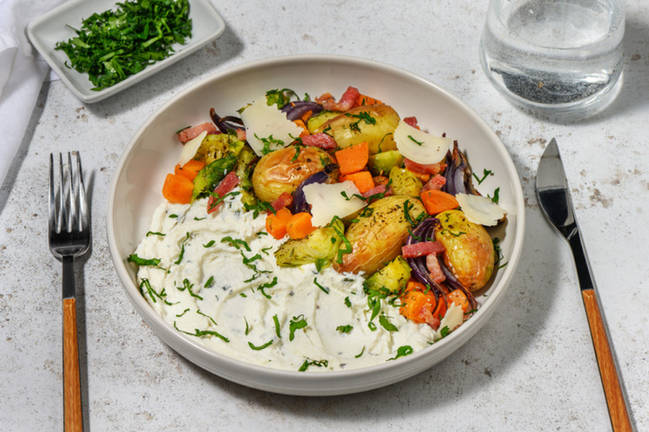 Choux de Bruxelles, patate douce & lardons rôtis