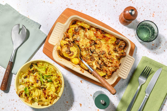 Cheesy Caramelised Onion and Mushroom Gratin