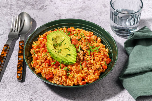 Arroz attollado au chorizo & avocat